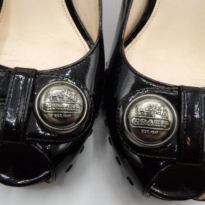 BLACK COACH PATENT PUMP WITH WOOD HEELS SZ 8.5